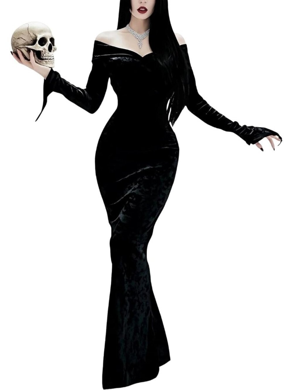 Women's Black Back Split Off Shoulder Gothic Velvet Long Halloween Costume